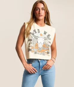 Tops | Ariat Steer Skull Landscape Cropped Tank Top Faded Ivory