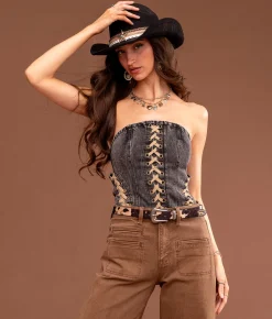 Sterling & Stitch Sterling & Lace-Up Denim Tube Top Washed Black Best