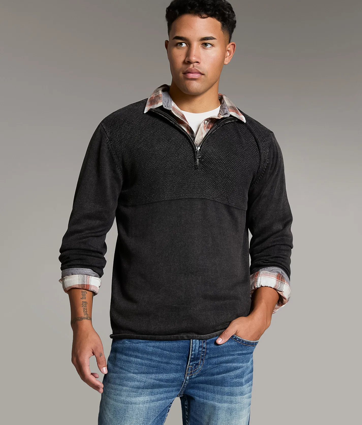 BKE Stonewash Quarter Zip Sweater White Black Hot