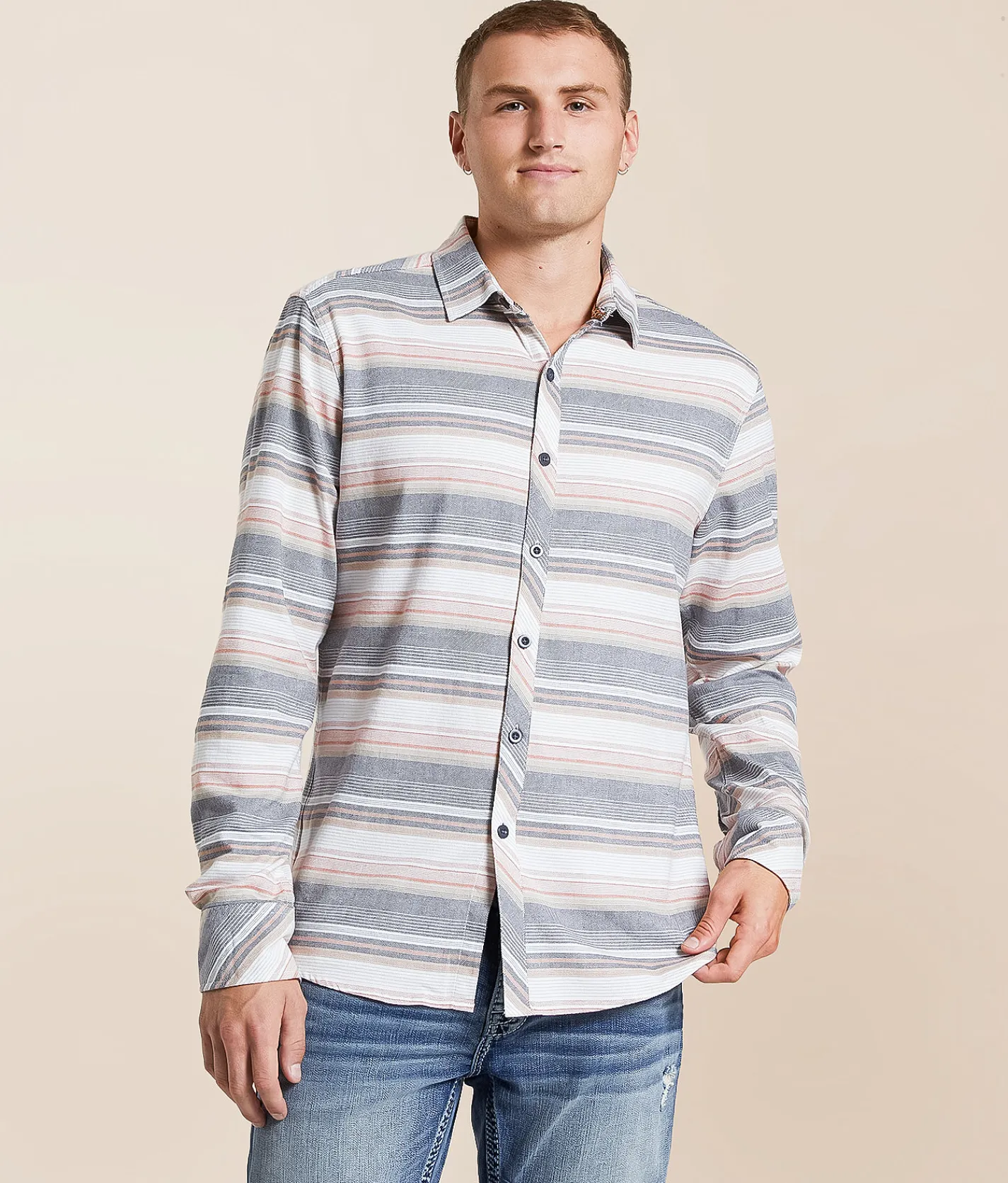 Tops | Departwest Striped Athletic Stretch Shirt Tan Cream Grey