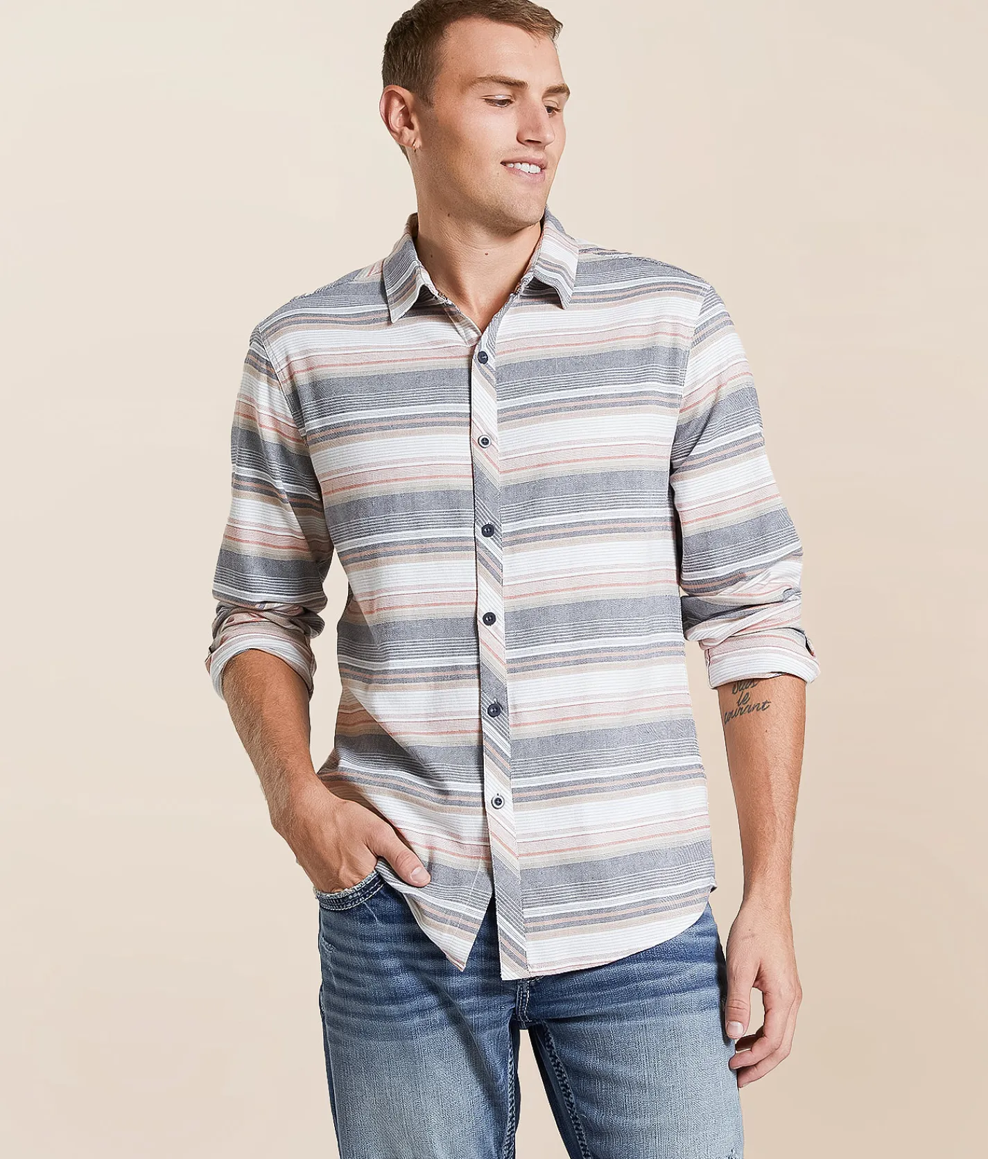 Tops | Departwest Striped Athletic Stretch Shirt Tan Cream Grey