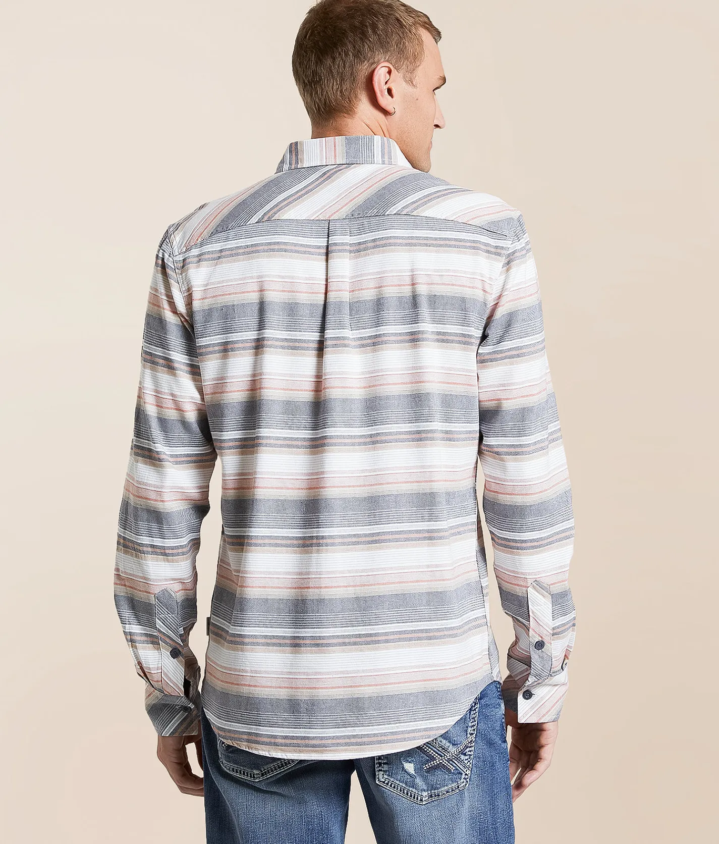 Tops | Departwest Striped Athletic Stretch Shirt Tan Cream Grey