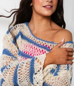 33 Coastal Striped Boatneck Cropped Sweater Blue White Sale