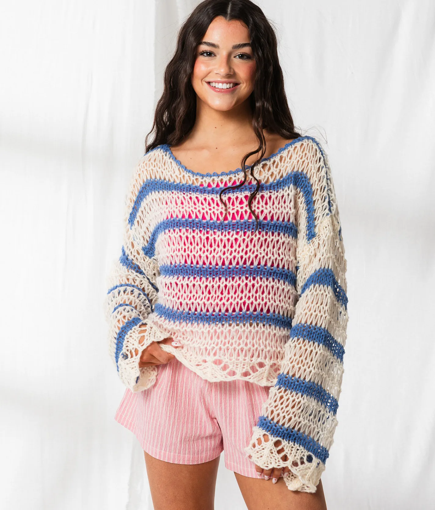 33 Coastal Striped Boatneck Cropped Sweater Blue White Sale