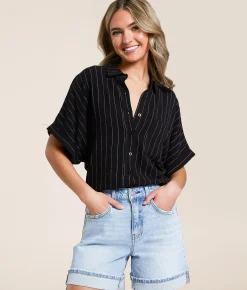 Hyfve Striped Boxy Cropped Blouse Oatmeal Outlet
