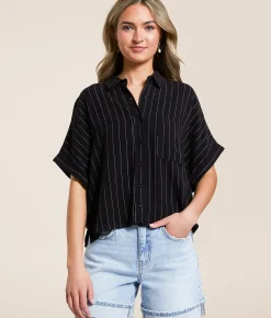 Hyfve Striped Boxy Cropped Blouse Oatmeal Outlet