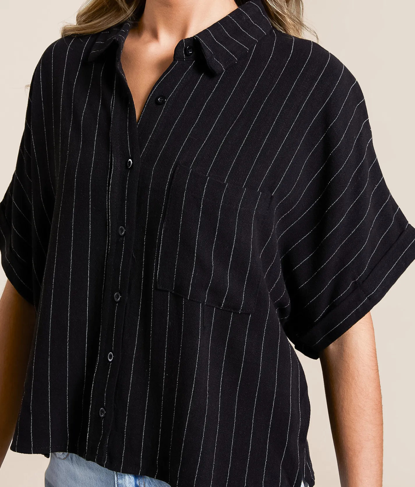Hyfve Striped Boxy Cropped Blouse Oatmeal Outlet
