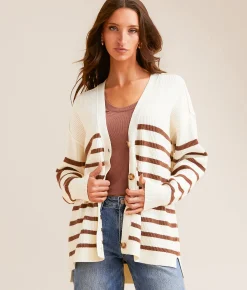 Tops | BKE Striped Cardigan Sweater Cream Brown