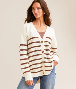 Tops | BKE Striped Cardigan Sweater Cream Brown