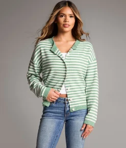 Tops | BKE Striped Cardigan Sweater Malachite White