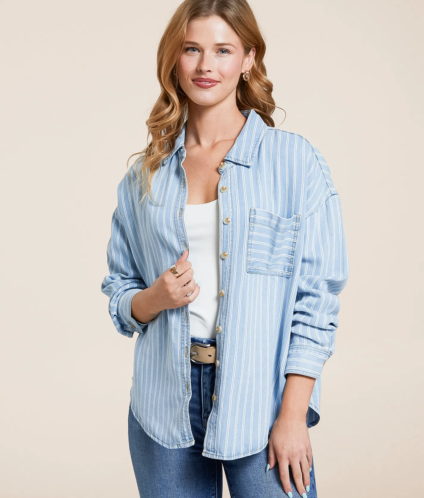 Tops | Blu Pepper Striped Chambray Shirt Blue