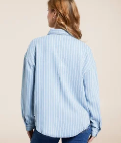 Tops | Blu Pepper Striped Chambray Shirt Blue