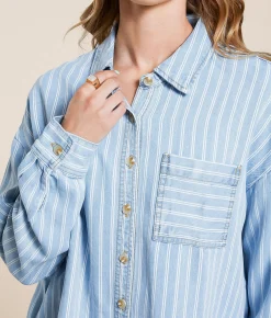 Tops | Blu Pepper Striped Chambray Shirt Blue