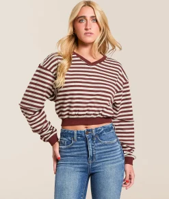 Tops | FITZ + EDDI Striped Color Block Cropped Pullover Heather Grey Andorra