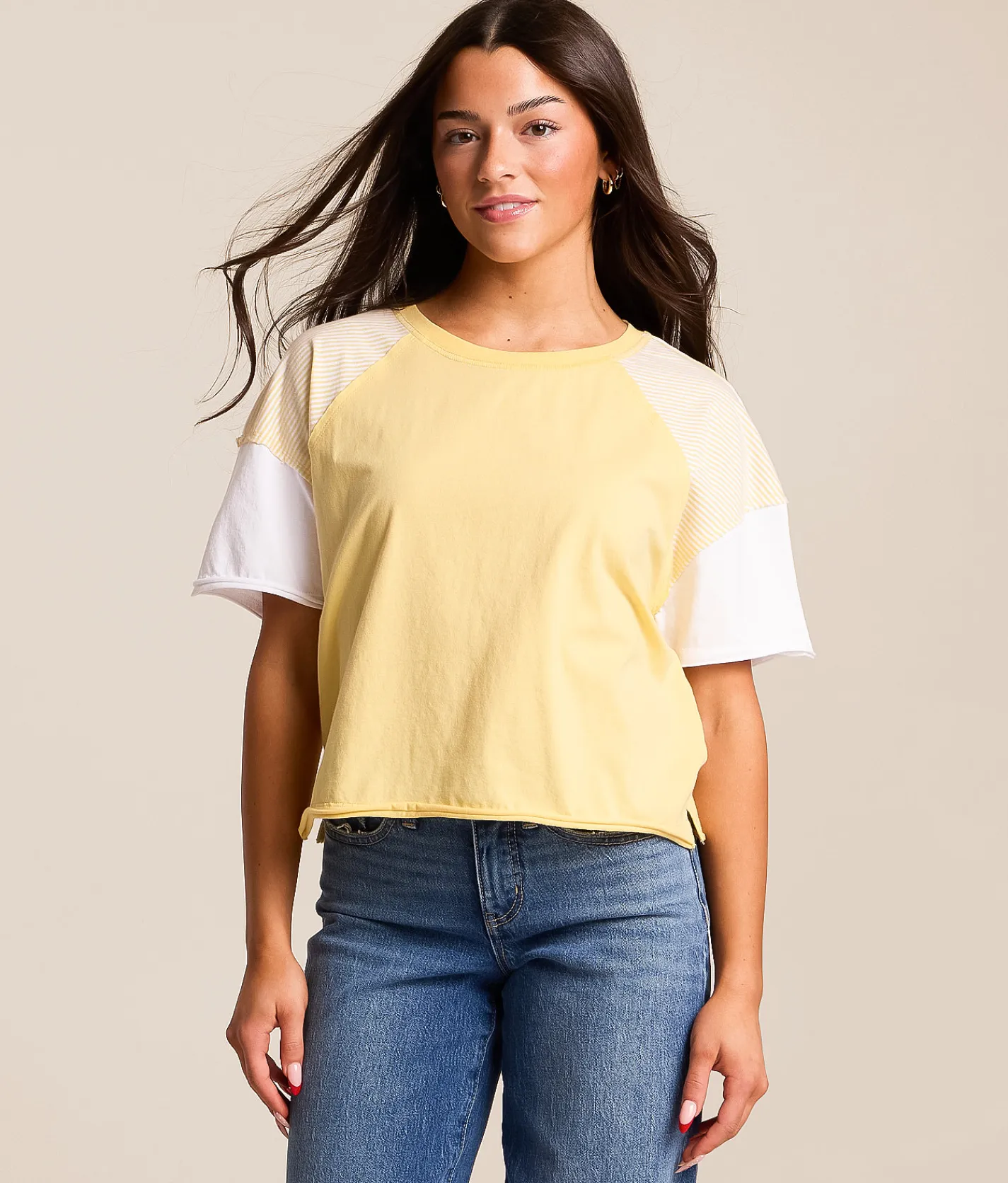 Tops | FITZ + EDDI Striped Color Block T-Shirt Pale Banana