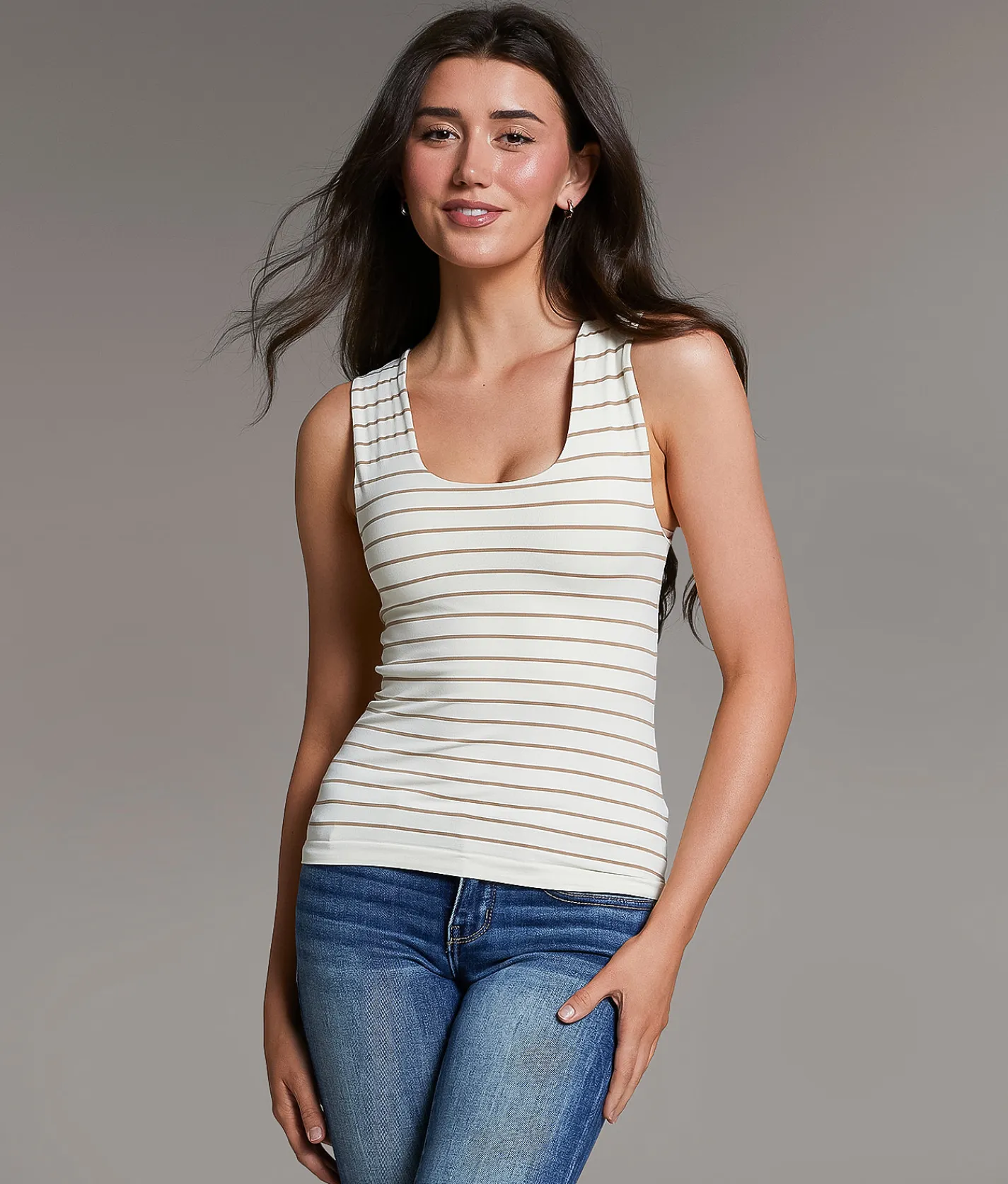 Tops | BKE core Striped Contour Tank Top Cream Taupe