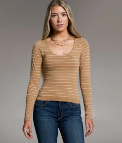 BKE Striped Contour Top Taupe Cream Sale