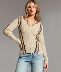 Tops | BKE Striped Crochet Inset Henley Peyote