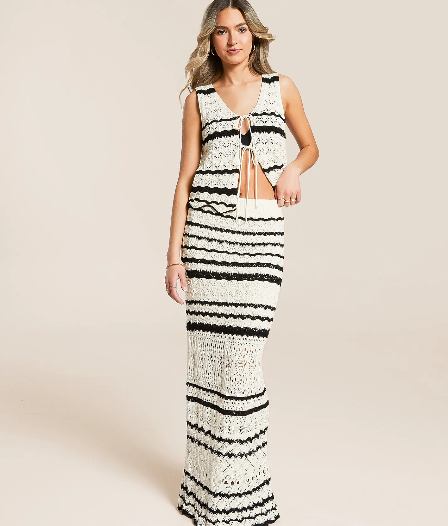 Bottoms | Willow & Root Striped Crochet Maxi Skirt Cream Black