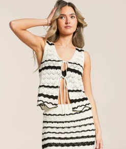 Willow & Root Striped Crochet Tank Top Cream Black Sale