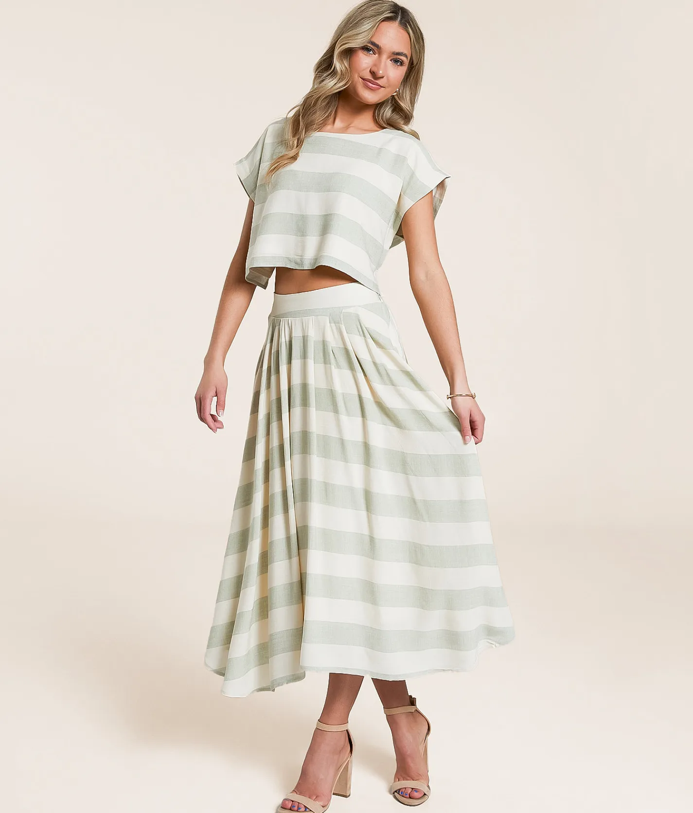 Blu Pepper Striped Crop Top Cream Green