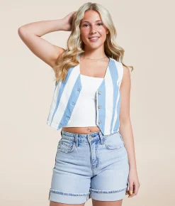 Tops|Coats & Jackets | Double Zero Striped Denim Cropped Vest Blue Cream