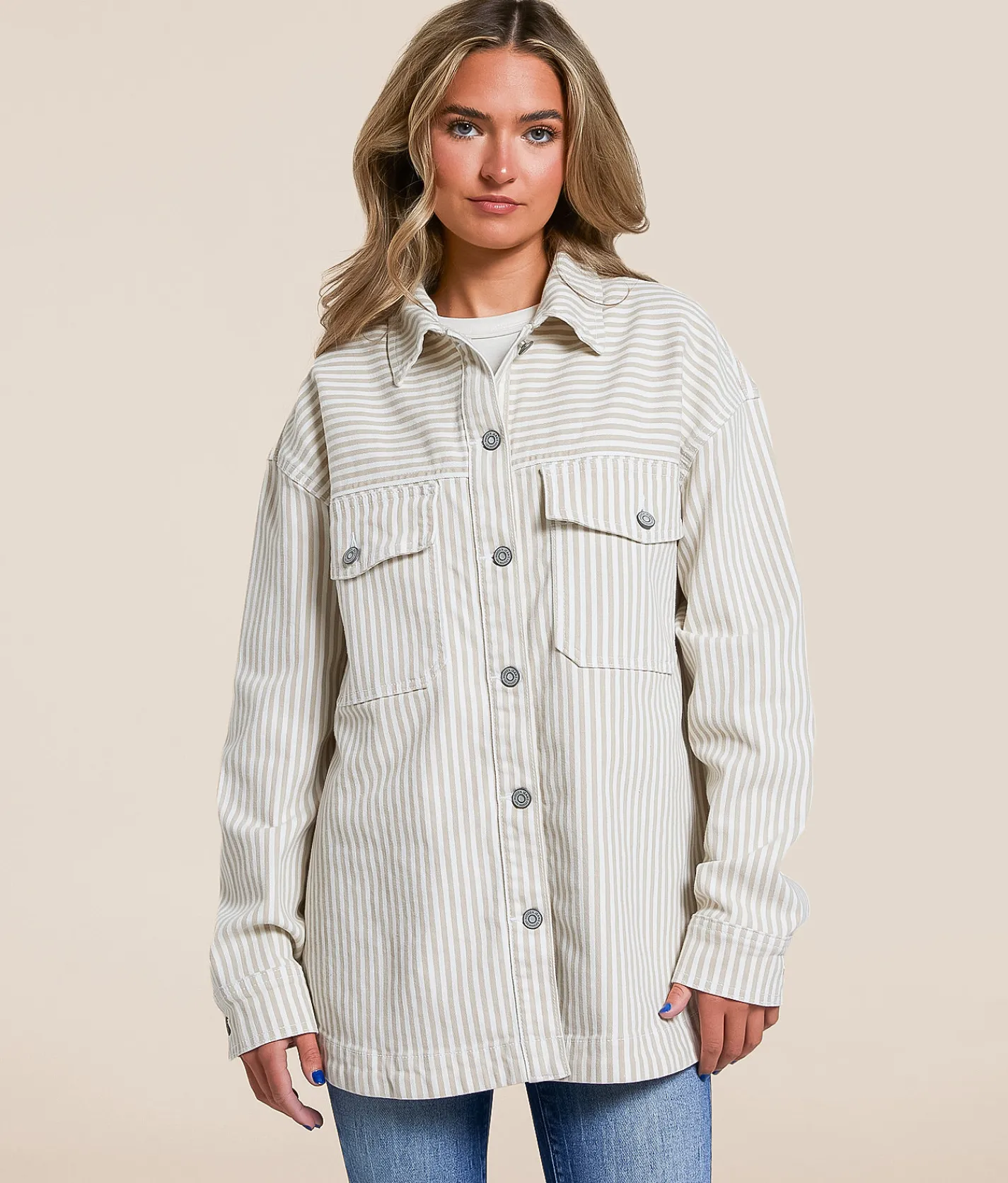 Tops|Coats & Jackets | HIDDEN Striped Denim Stretch Shacket Tan Stripe