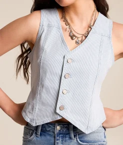 Tops|Coats & Jackets | Willow & Root Striped Denim Vest Blue White Stripe