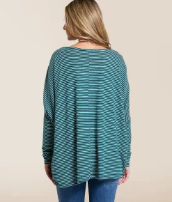 Double Zero Striped Dolman Top Dark Taupe Cream New