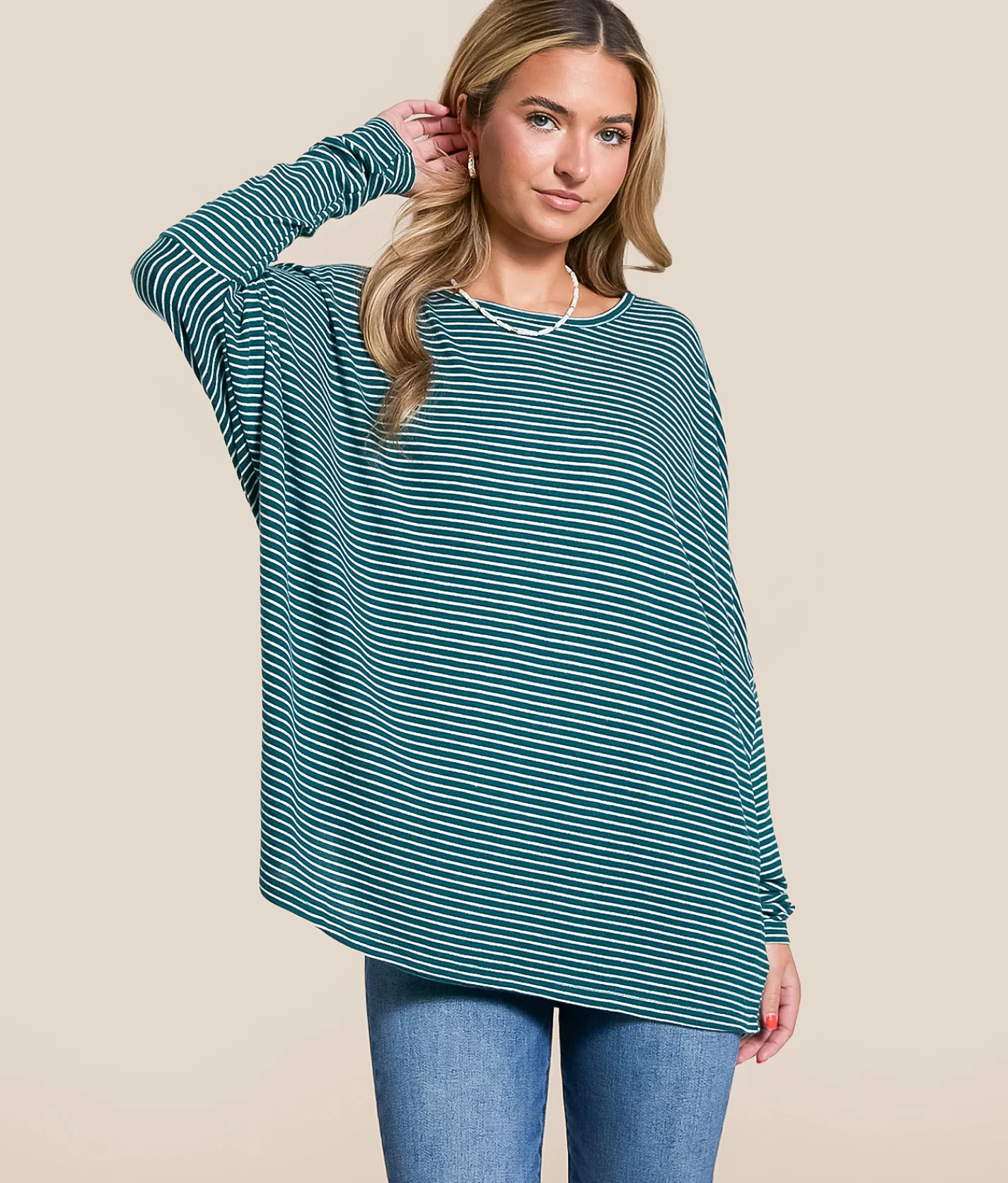 Double Zero Striped Dolman Top Dark Taupe Cream New