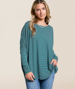 Double Zero Striped Dolman Top Dark Taupe Cream New