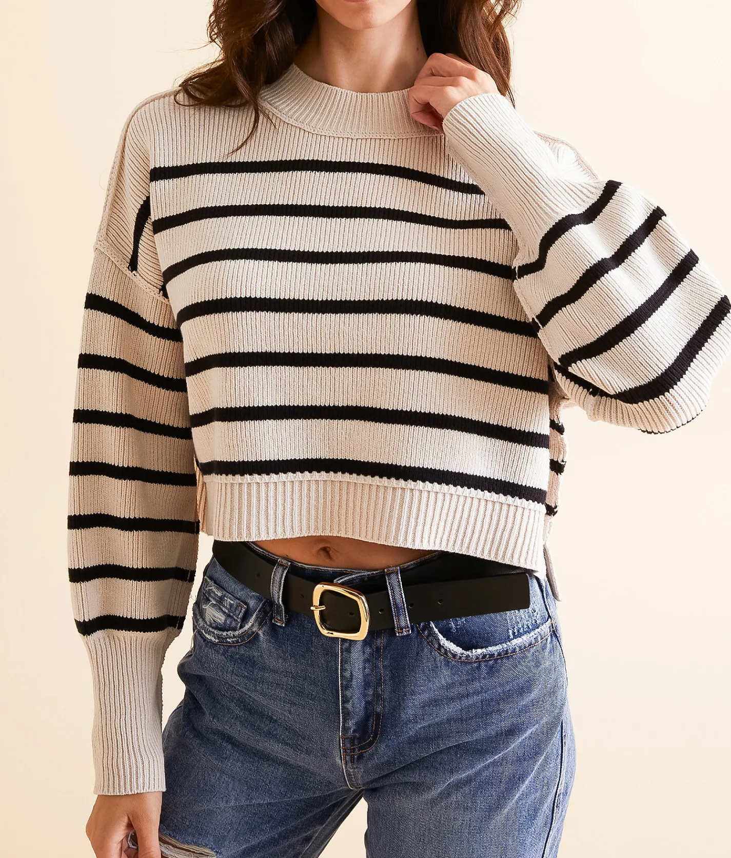 Free People Striped Easy Street Cropped Sweater Pearl Combo Best