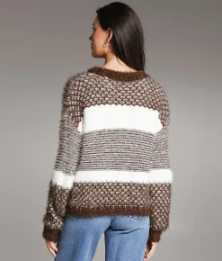 Tops | BKE Striped Eyelash Sweater Chocolate Cream