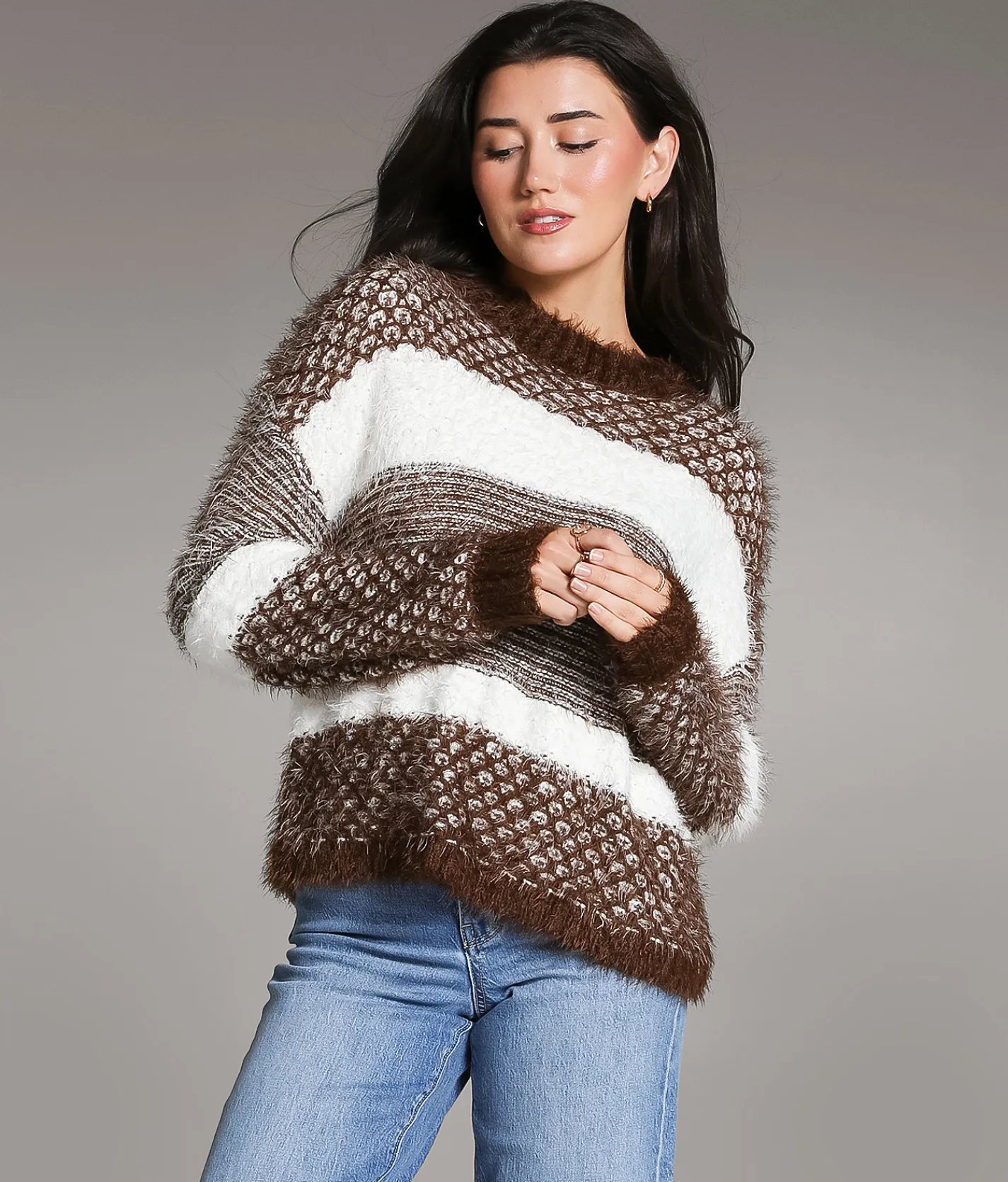 Tops | BKE Striped Eyelash Sweater Chocolate Cream