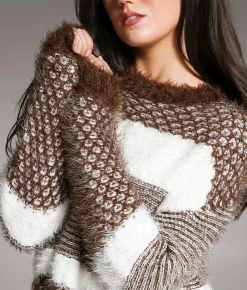 Tops | BKE Striped Eyelash Sweater Chocolate Cream