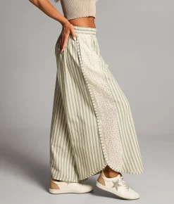 BKE Striped Eyelet Cropped Wide Leg Pant Green Hot