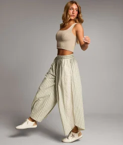 BKE Striped Eyelet Cropped Wide Leg Pant Green Hot