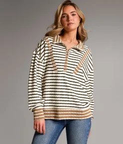 BKE Striped Half Zip Pullover Mocha Oat Black Sale