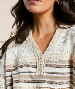 Tops | Miss Me Striped Henley Sweater Natural