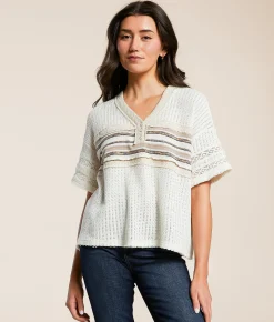 Tops | Miss Me Striped Henley Sweater Natural