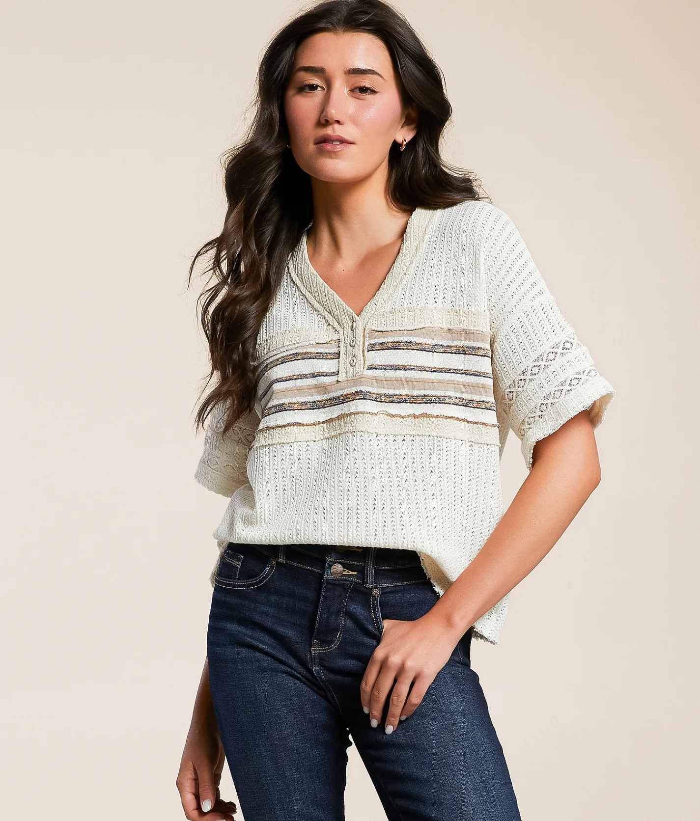 Tops | Miss Me Striped Henley Sweater Natural