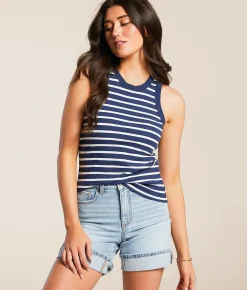 Double Zero Striped High Neck Tank Top White Green Outlet