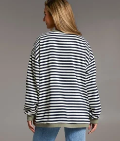 Tops | BKE Striped Knit Oversized Cardigan Navy And Cream Stripe