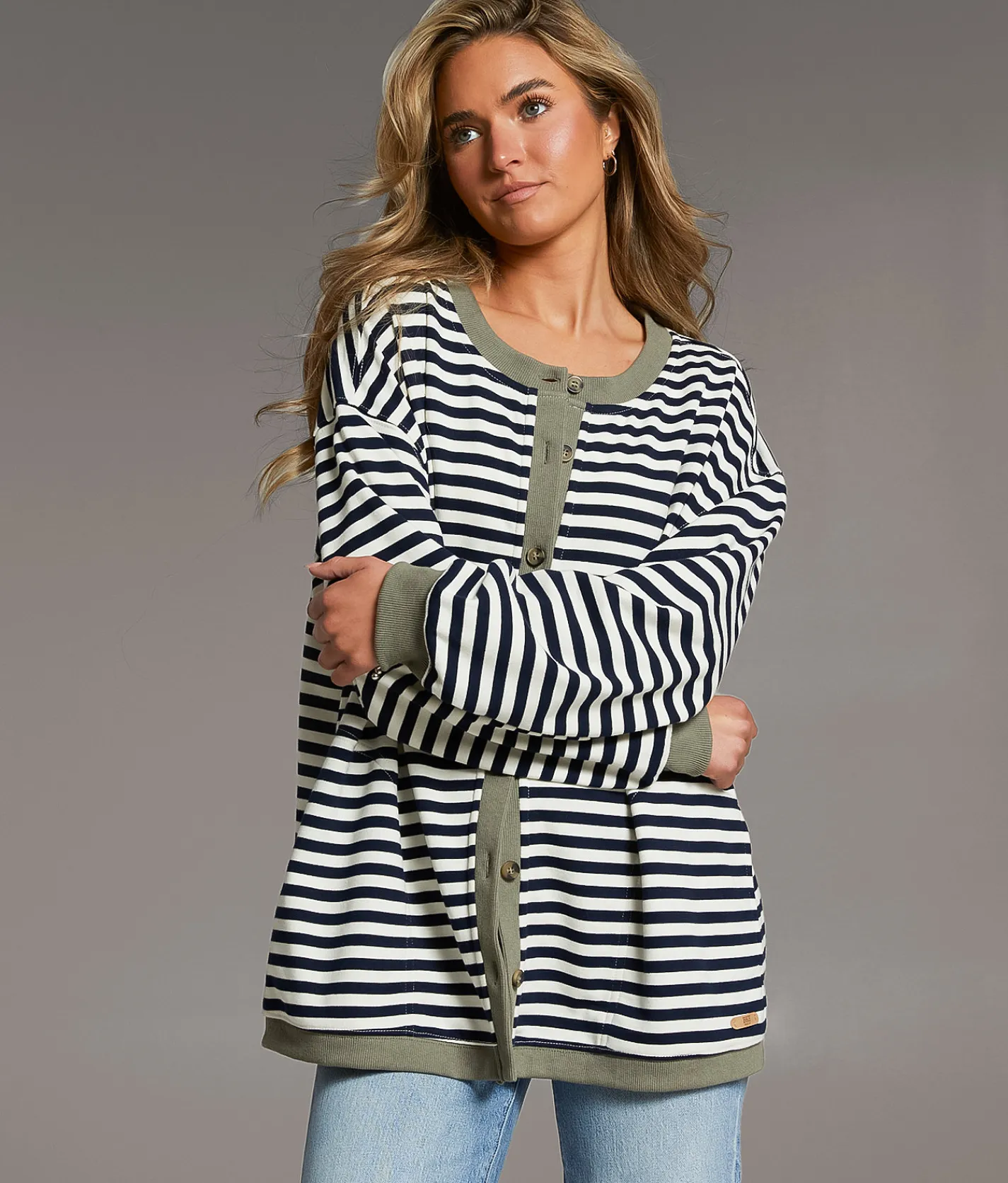 Tops | BKE Striped Knit Oversized Cardigan Navy And Cream Stripe