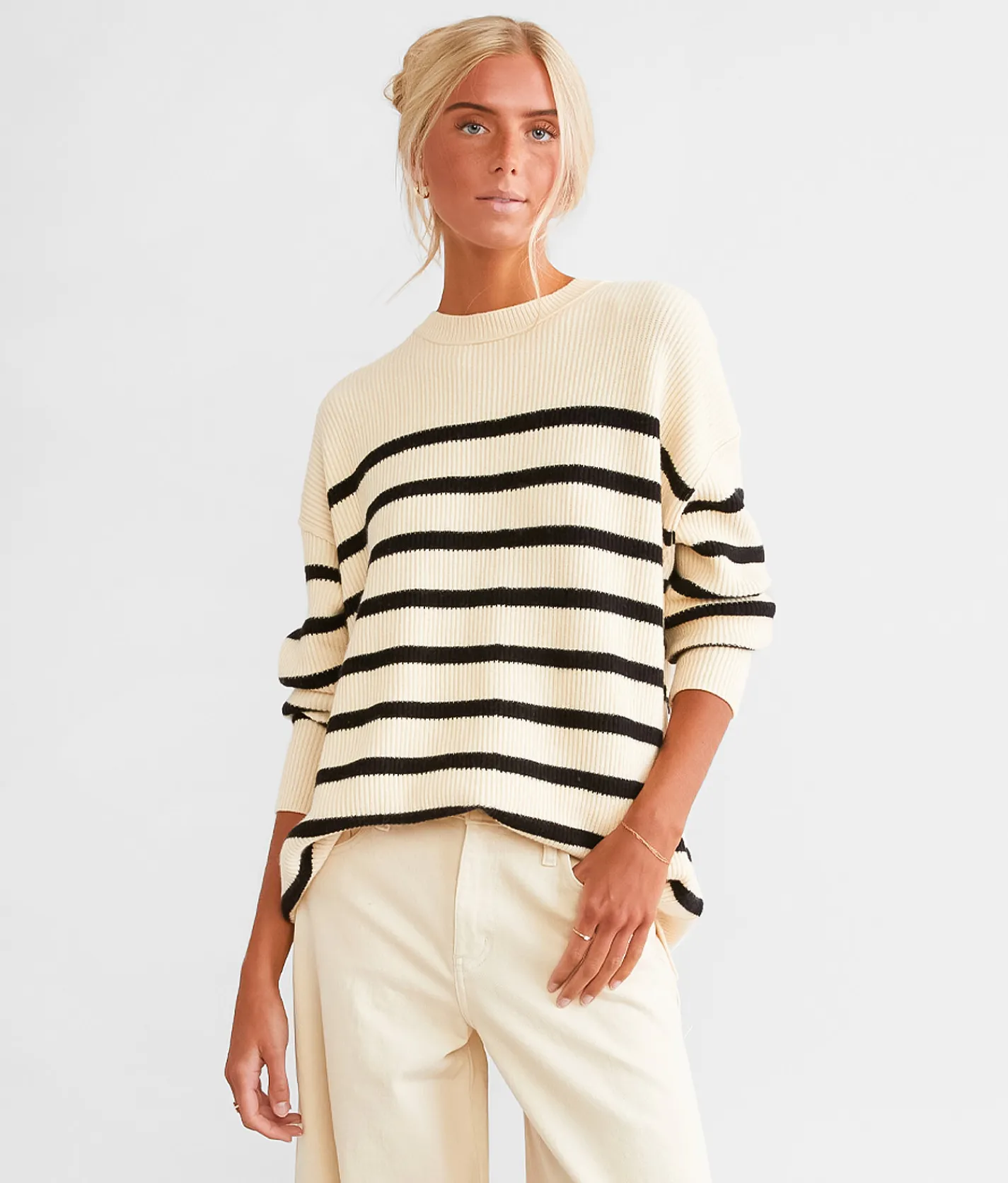 BKE Striped Knit Oversized Sweater Cream Black Outlet
