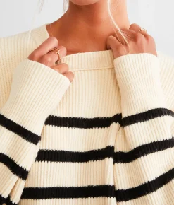 BKE Striped Knit Oversized Sweater Cream Black Outlet