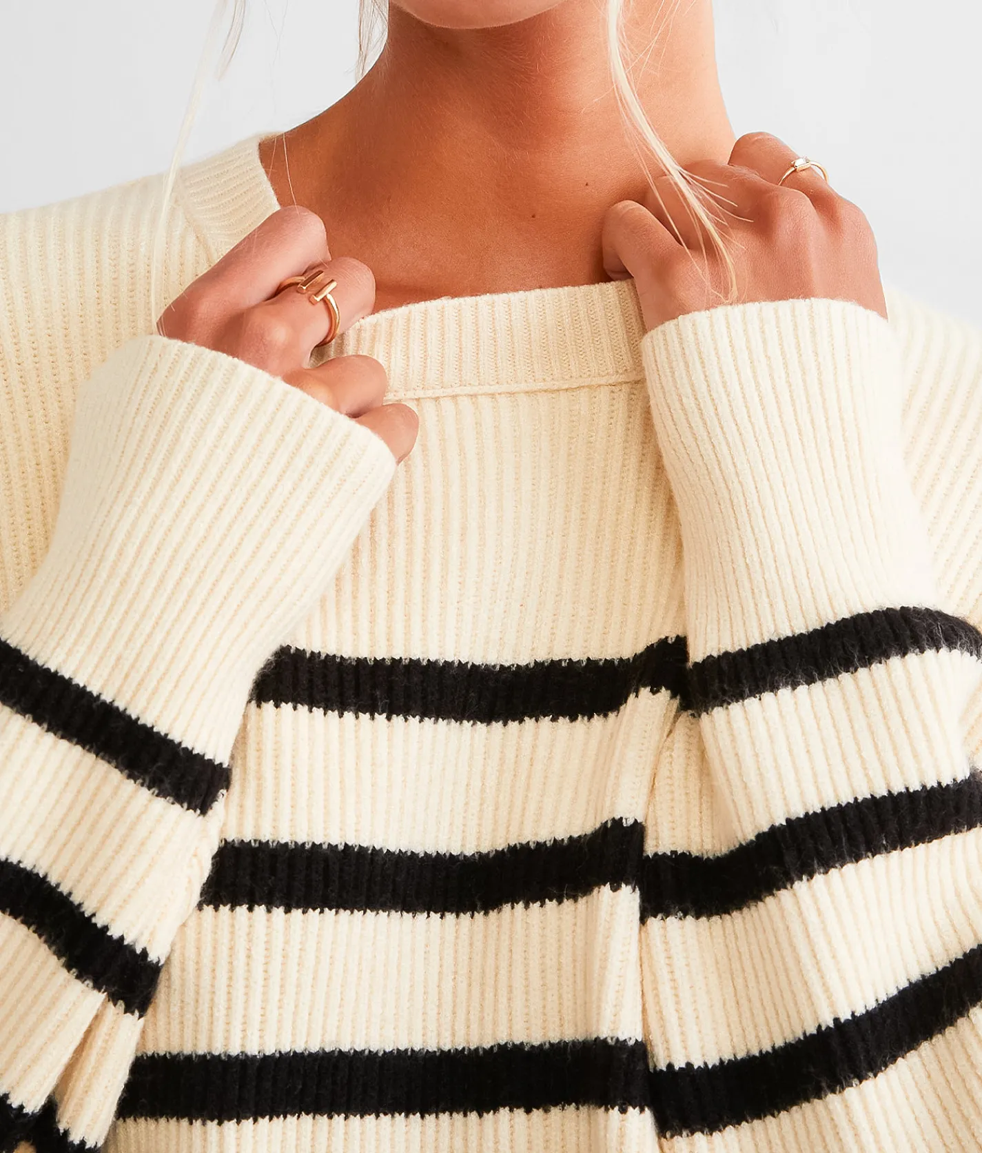 BKE Striped Knit Oversized Sweater Cream Black Outlet