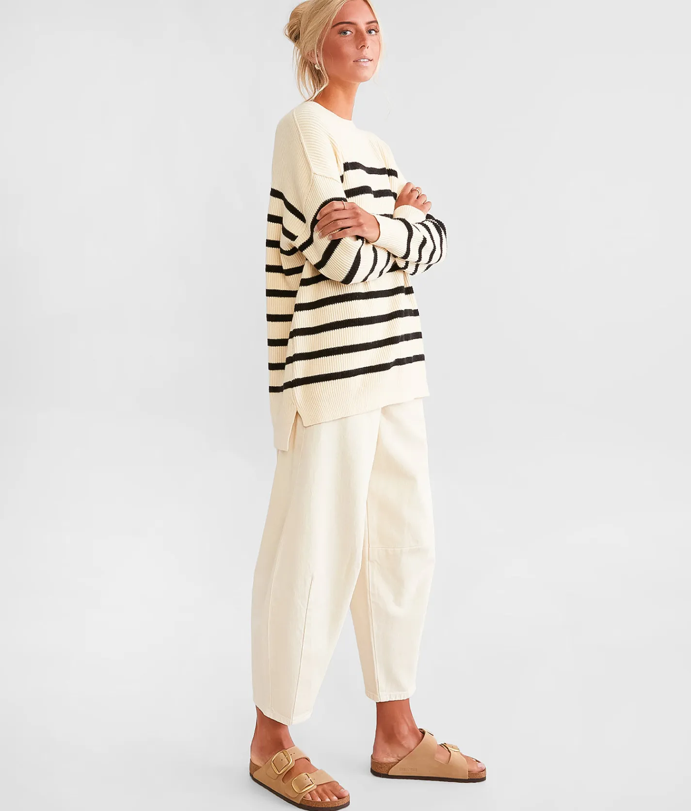 BKE Striped Knit Oversized Sweater Cream Black Outlet