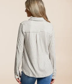 Tops | Blu Pepper Striped Knit Shirt Olive