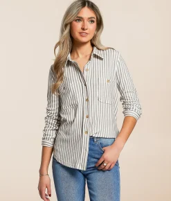 Tops | Blu Pepper Striped Knit Shirt Olive
